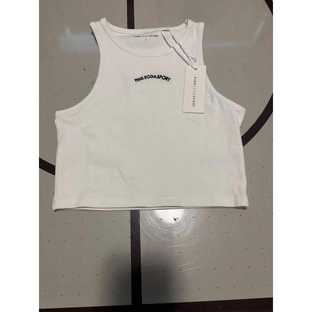 Pink Soda Sport Womens White Ribbed Embroidered Logo Crop Tank Top Small NWT